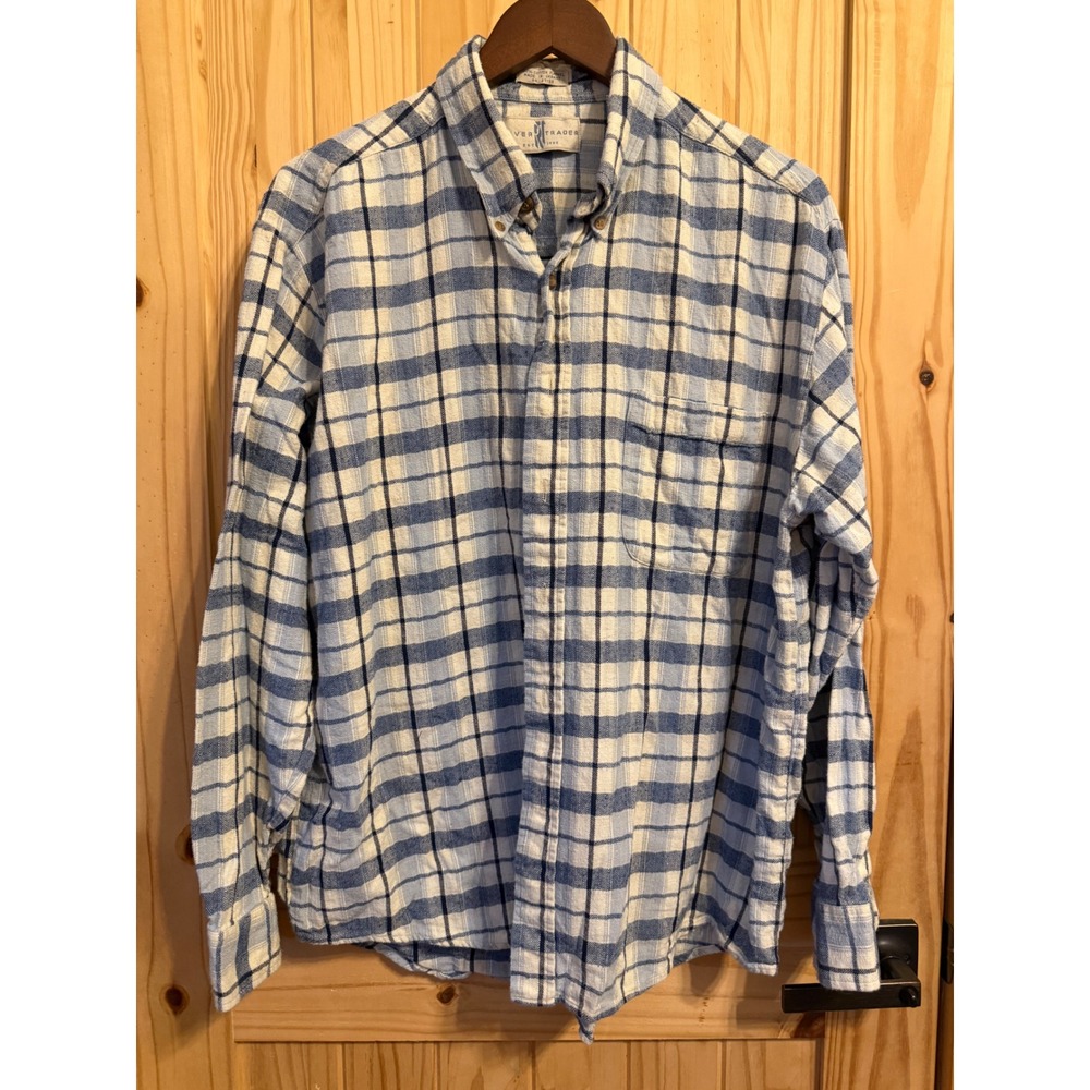 River Trader Mens Blue White Plaid Flannel Button Down Shirt Vintage Large